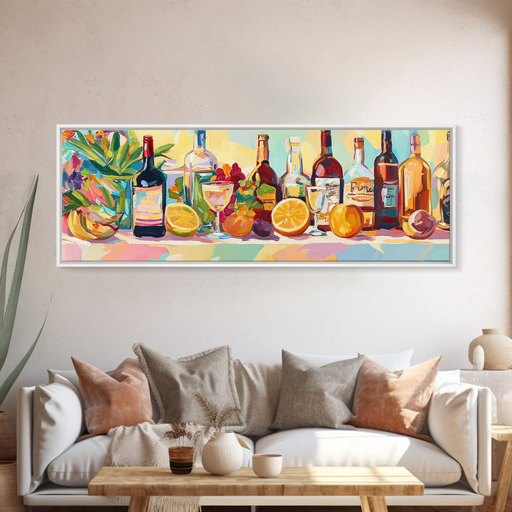 Colorful Wine Bottles And Citrus Still Life Canvas Print, Kitchen Wall Art, Dining Room Decor, Bar Cart Art, Wine Lover Gift