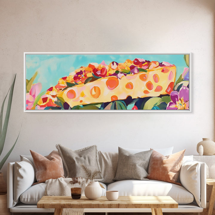 Whimsical Cheese Wedge Still Life Canvas Print, Kitchen Wall Art, Dining Room Decor, Foodie Gift, Colorful Kitchen Art Print