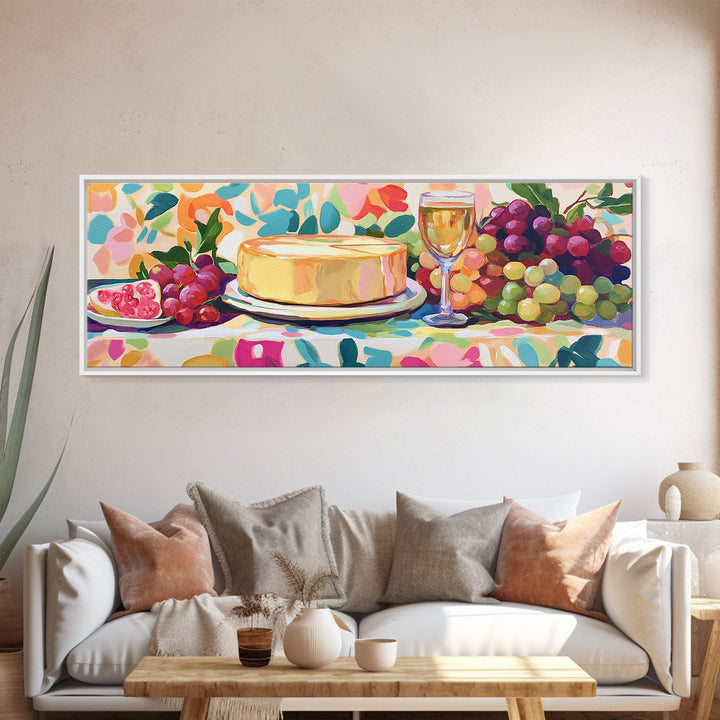 Cheese Wheel With Wine And Grapes Framed Canvas Print, Kitchen Wall Art, Dining Room Decor, Winery Decor, Housewarming Gift
