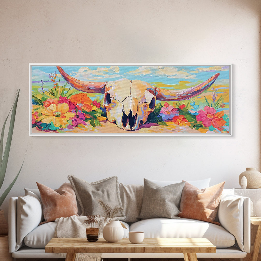 Floral Longhorn Skull Canvas Print, Western Wall Art, Desert Cowgirl Decor, Southwestern Home Decor, Housewarming Gift, Gift For Her