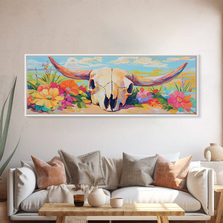Floral Longhorn Skull Canvas Print, Western Wall Art, Desert Cowgirl Decor, Southwestern Home Decor, Housewarming Gift, Gift For Her