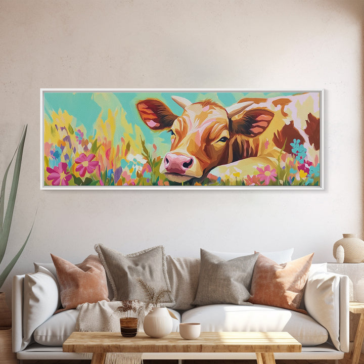 Sweet Calf In Wildflowers Canvas Print, Farm Animal Wall Art, Rustic Farmhouse Decor, Nursery Animal Art, Gift For Her, Kids Room Decor