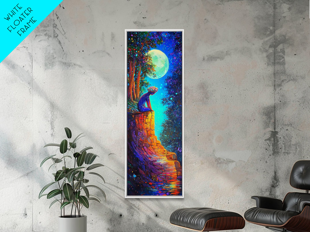 Moonlit Black Cat On Stone Wall Canvas Print, Whimsical Fantasy Wall Art, Celestial Decor, Cat Lover Gift, Nursery Art Print