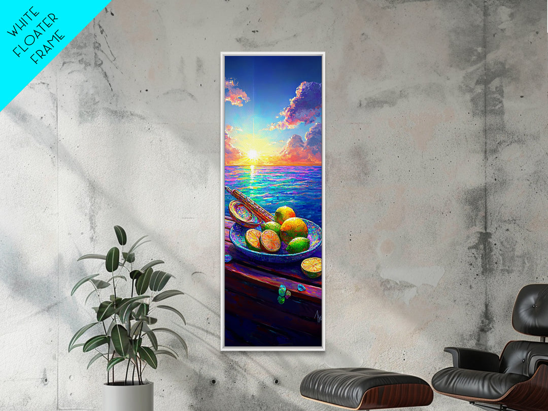 Ocean Sunset With Limes And Oar Framed Canvas Print, Coastal Kitchen Wall Art, Beach House Decor, Vibrant Seascape Art Print