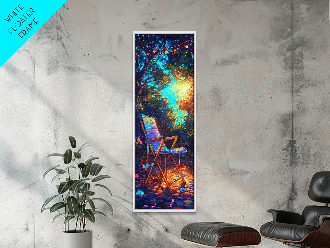 Empty Chair In Glowing Forest Wall Art, Magical Nature Canvas Print, Whimsical Garden Decor, Cozy Outdoor Patio Art Print