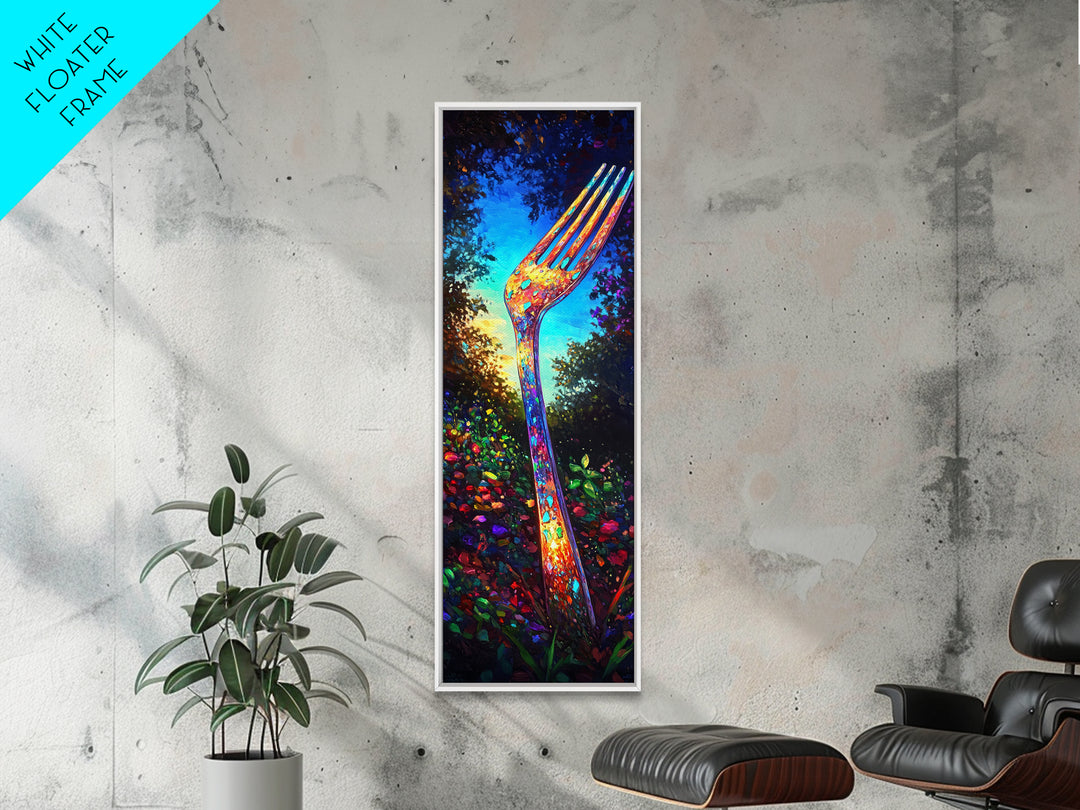 Giant Rainbow Fork In Garden Wall Art, Surreal Kitchen Canvas Print, Whimsical Food Decor, Funky Dining Room Art Print Gift