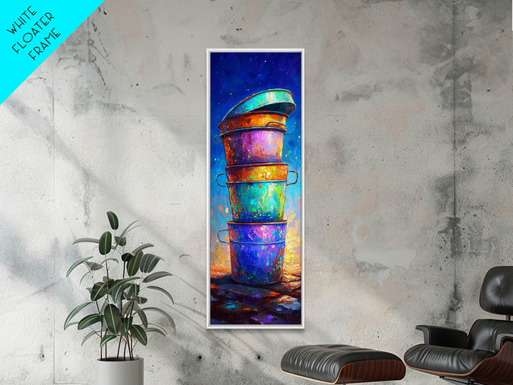 Stacked Rainbow Metal Buckets Framed Canvas Print, Rustic Farmhouse Wall Art, Colorful Laundry Room Decor, Unique Art Gift