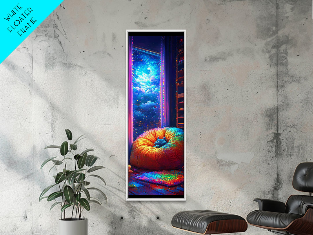 Cozy Rainbow Bean Bag By Starry Window Wall Art, Whimsical Bedroom Canvas Print, Galaxy Room Decor, Dreamy Art Gift For Her