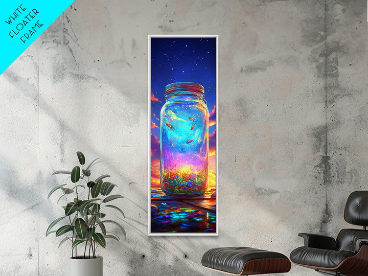 Glowing Mason Jar With Tiny Fish At Sunset Canvas Print, Magical Celestial Wall Art, Colorful Nature Decor, Unique Art Gift