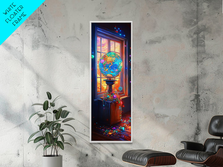 Glowing Jeweled Globe By Window Framed Canvas Print, Colorful Celestial Wall Art, Whimsical Office Decor, Unique Art Gift