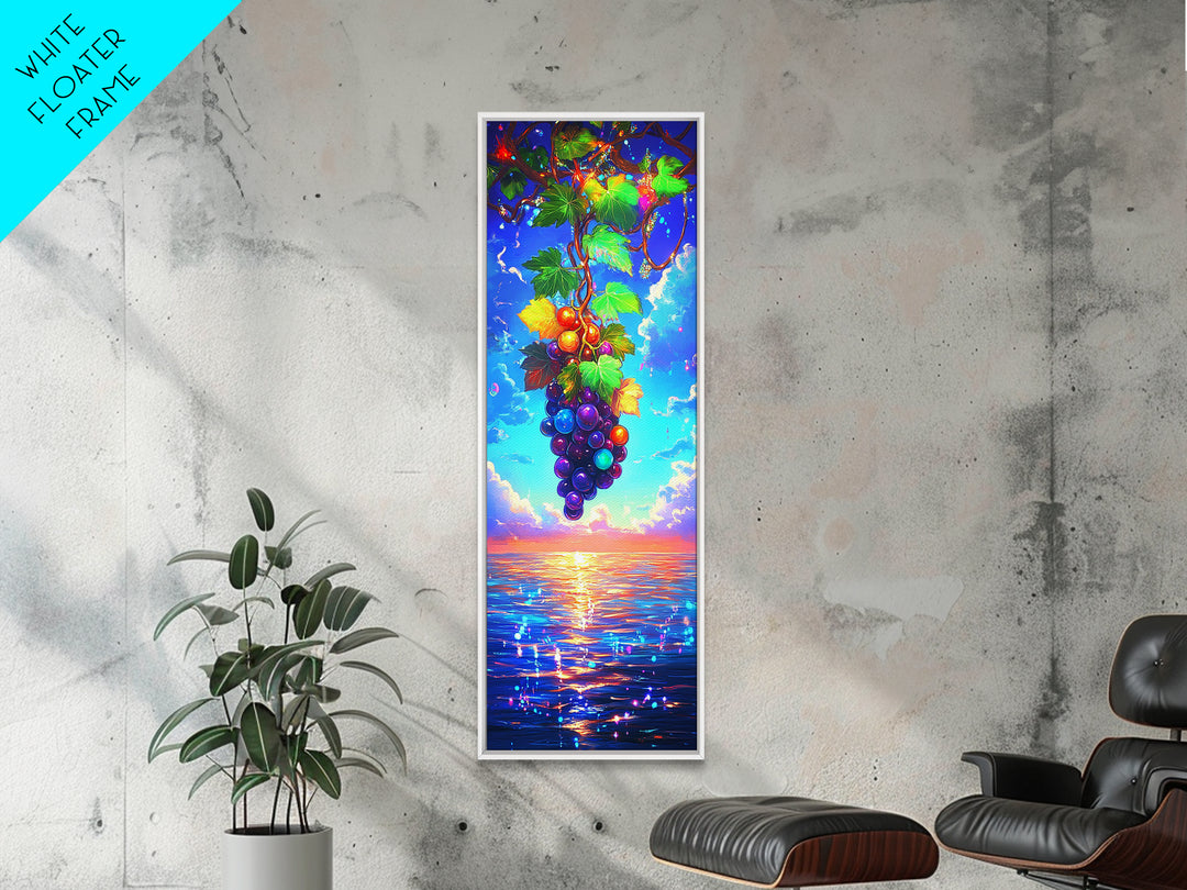 Sunlit Grapes Over Ocean Sunset Canvas Print, Vineyard Wall Art, Coastal Kitchen Decor, Colorful Fruit Art Housewarming Gift