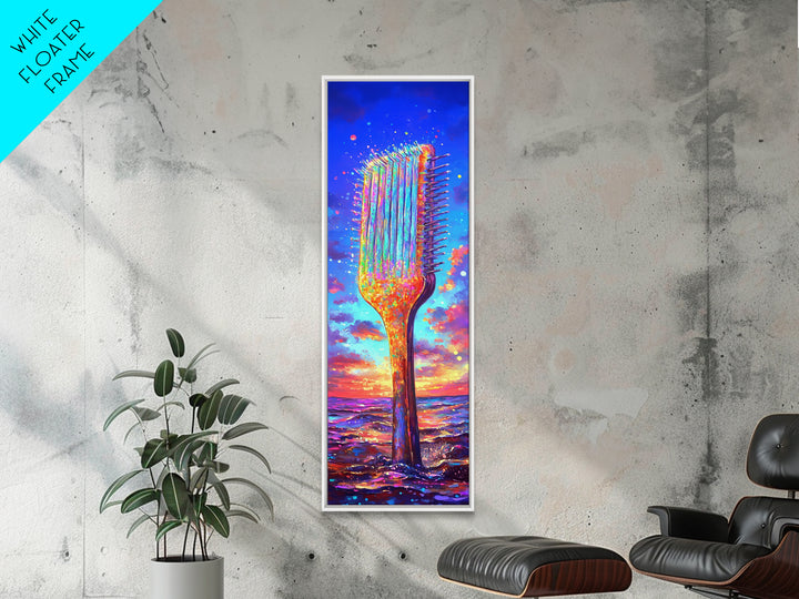Giant Rainbow Hair Comb At Ocean Sunset Canvas Print, Salon Wall Art, Beauty Salon Decor, Colorful Coastal Gift Print Poster