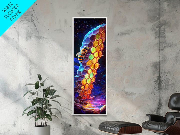 Glowing Honeycomb And Bee In Crystal Cave Framed Canvas Print, Animal Wall Art, Nature Inspired Art, Whimsical Decor Gift