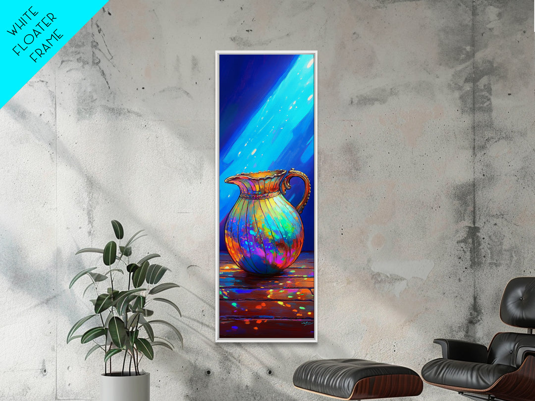 Iridescent Rainbow Pitcher In Blue Light Framed Canvas Print, Colorful Kitchen Wall Art, Modern Eclectic Home Decor Gift