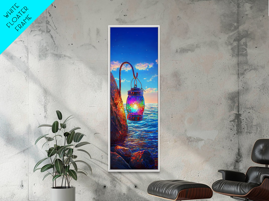 Hanging Rainbow Lantern Canvas Print, Coastal Wall Art, Ocean Sunset Painting, Nautical Decor, Beach House Living Room Art