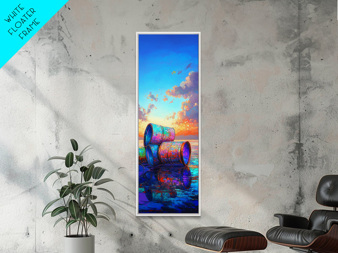 Colorful Beach Barrels Framed Canvas Print, Coastal Wall Art, Ocean Sunset Painting, Nautical Home Decor, Beach House Gift