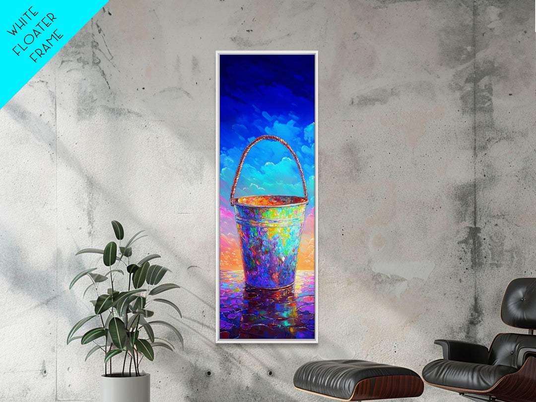 Iridescent Beach Pail Wall Art, Colorful Coastal Canvas, Summer Beach House Decor, Ocean Nursery Art, Whimsical Housewarming Gift