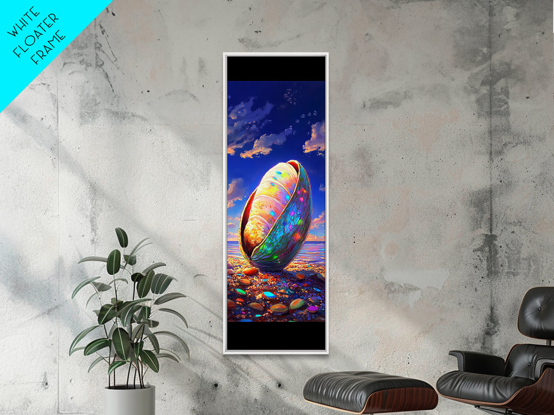 Iridescent Seashell On Pebble Beach Canvas Print, Coastal Wall Decor, Ocean Lover Gift, Beach House Decor, Nautical Art Print