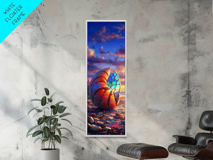 Rainbow Nautilus Seashell At Sunset Wall Art, Coastal Canvas Print, Beach House Decor, Ocean Landscape Art, Seaside Gift
