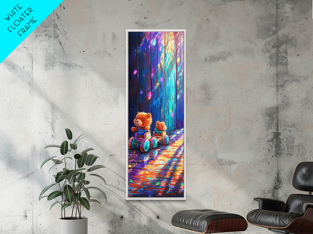 Teddy Bear Toy Wagon In Magical Light Wall Art, Nursery Canvas Print, Whimsical Woodland Kids Room Decor, Baby Shower Gift