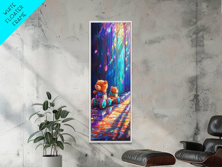Teddy Bear Toy Wagon In Magical Light Wall Art, Nursery Canvas Print, Whimsical Woodland Kids Room Decor, Baby Shower Gift