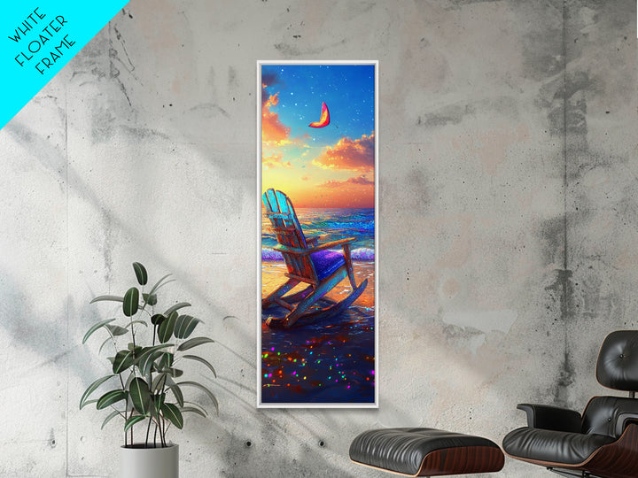 Sunset Beach Chair Under Crescent Moon Canvas Print, Coastal Wall Art, Ocean Decor, Beach House Living Room Wall Decor Gift