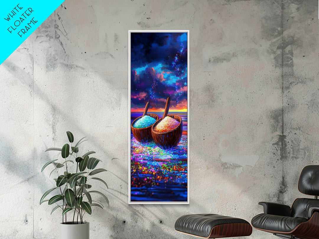 Glittering Coconut Bowls At Sunset Wall Art, Coastal Kitchen Decor, Tropical Beach House Print, Colorful Ocean Dining Art