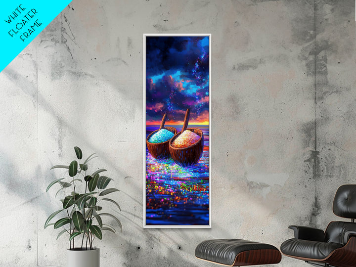 Glittering Coconut Bowls At Sunset Wall Art, Coastal Kitchen Decor, Tropical Beach House Print, Colorful Ocean Dining Art