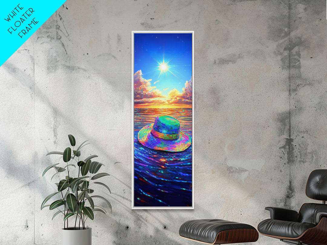 Rainbow Sun Hat On Sparkling Ocean Canvas Print, Beach Wall Art, Coastal Decor, Summer Seascape For Living Room, Housewarming Gift