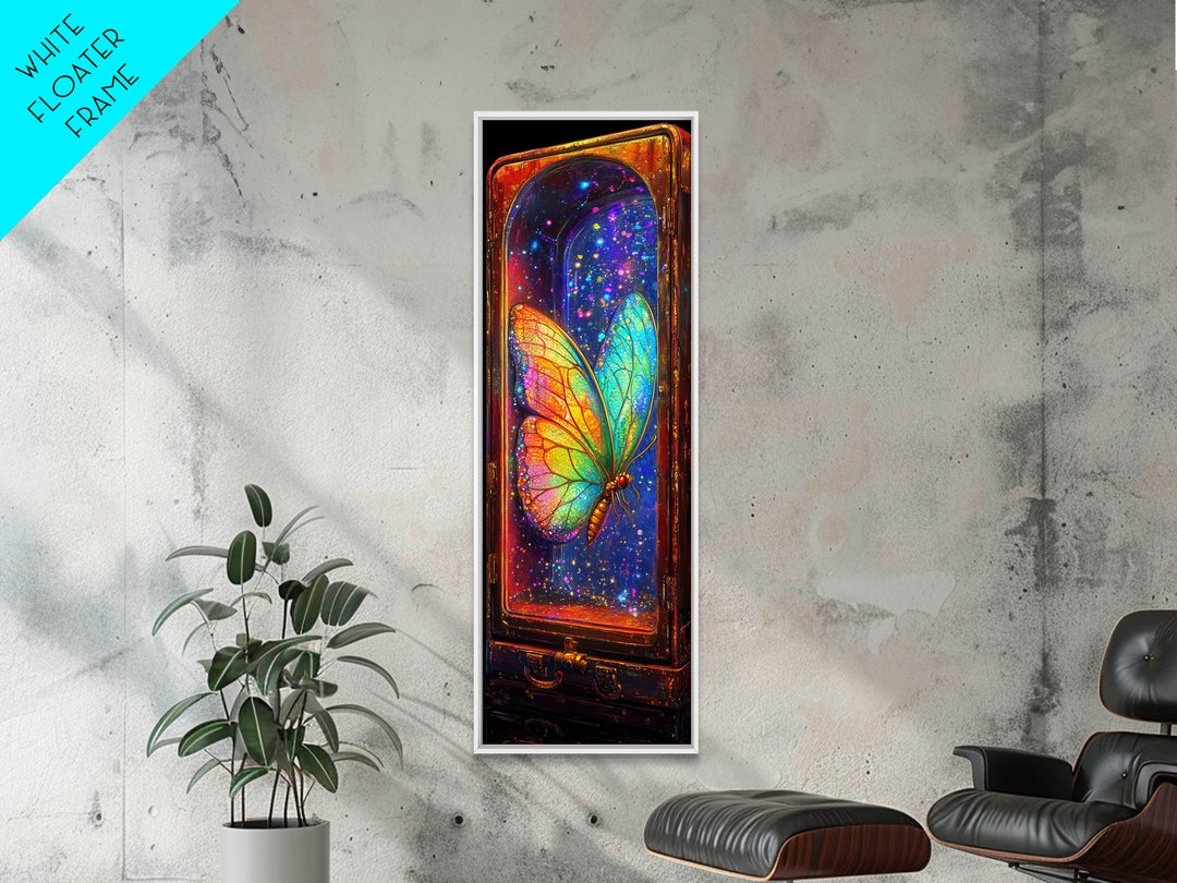 Glowing Rainbow Butterfly In Glass Case Wall Art, Celestial Fantasy Art Print, Whimsical Wall Decor, Unique Gift For Bedroom Decor