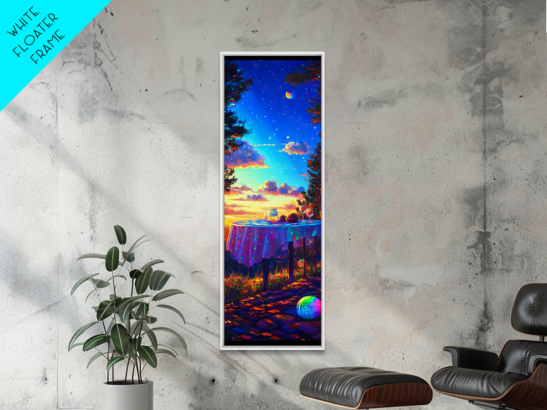 Moonlit Sunset Table With Wine Glasses Framed Canvas Print, Romantic Wall Art, Outdoor Patio Decor, Housewarming Gift, Cozy Home Decor