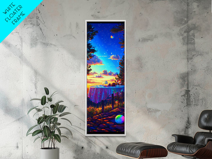 Moonlit Sunset Table With Wine Glasses Framed Canvas Print, Romantic Wall Art, Outdoor Patio Decor, Housewarming Gift, Cozy Home Decor