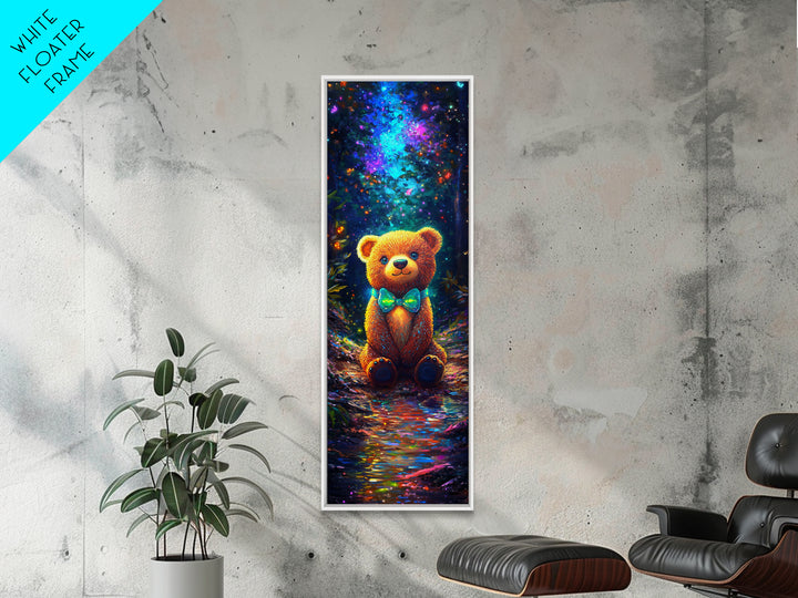 Glowing Teddy Bear In Enchanted Forest Wall Art, Whimsical Nursery Decor, Cute Animal Art Print, Kids Room Decor Gift Idea