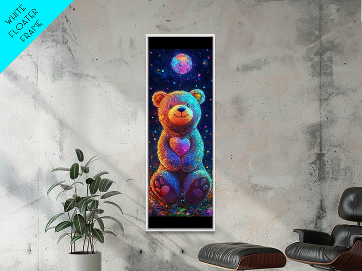 Moonlit Teddy Bear With Heart Framed Canvas Print, Whimsical Wall Art, Nursery Decor, Cute Animal Art, Celestial Room Decor