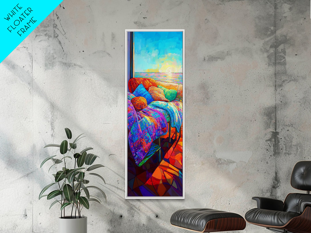 Colorful Seaside Sofa At Sunset Canvas Print, Coastal Wall Art, Boho Living Room Decor, Cozy Bedroom Art, Housewarming Gift