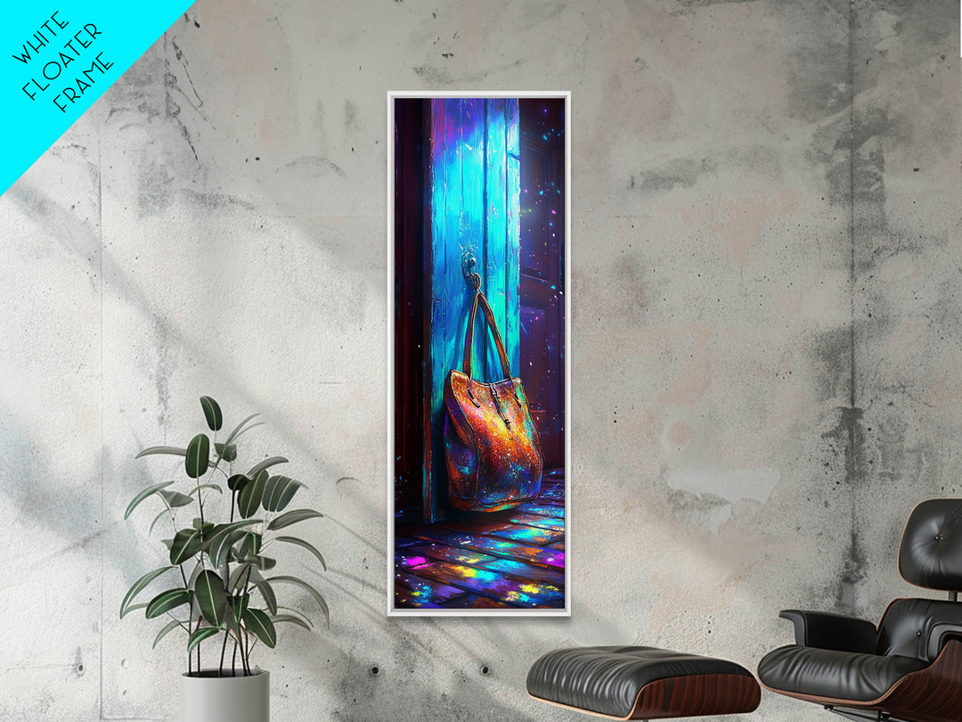 Iridescent Handbag Hanging On Turquoise Door Canvas Print, Fashion Wall Art, Glam Entryway Decor, Gift For Her, Trendy Poster