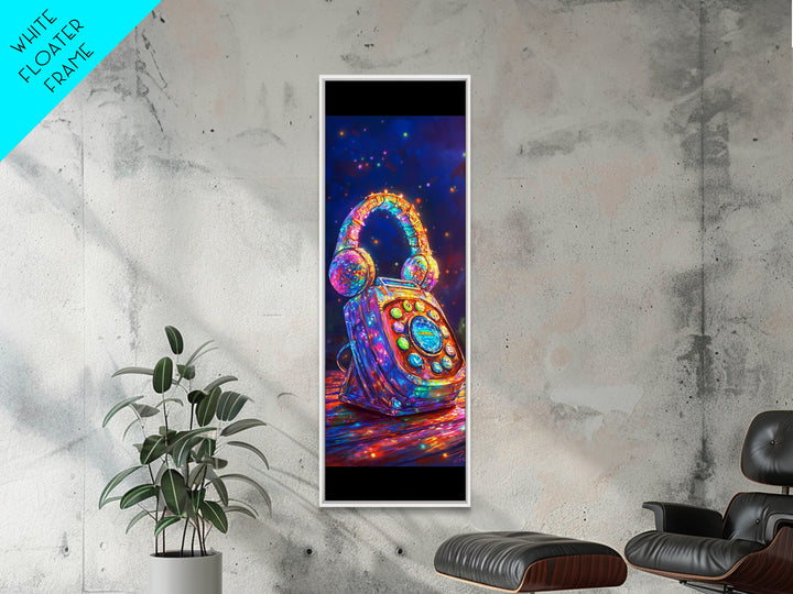 Jeweled Retro Phone With Headphones Framed Canvas Print, Music Wall Art, Funky Wall Decor, Game Room Decor, Gift For Him