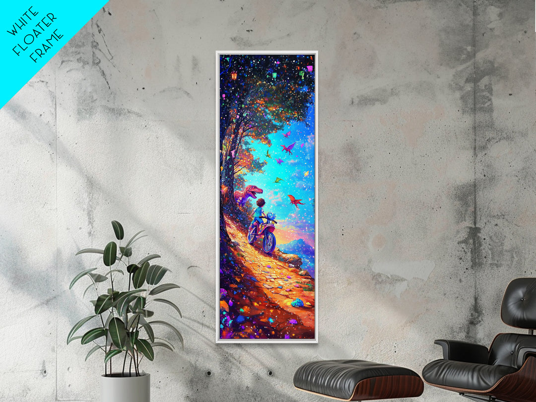 Child Riding Bike Through Dinosaur Forest Canvas Print, Whimsical Wall Art, Fantasy Nursery Decor, Kids Room Art Gift For Children