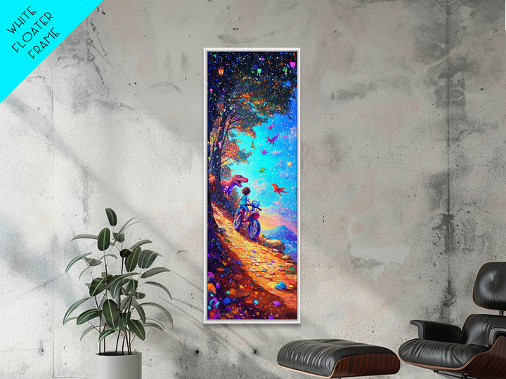 Child Riding Bike Through Dinosaur Forest Canvas Print, Whimsical Wall Art, Fantasy Nursery Decor, Kids Room Art Gift For Children