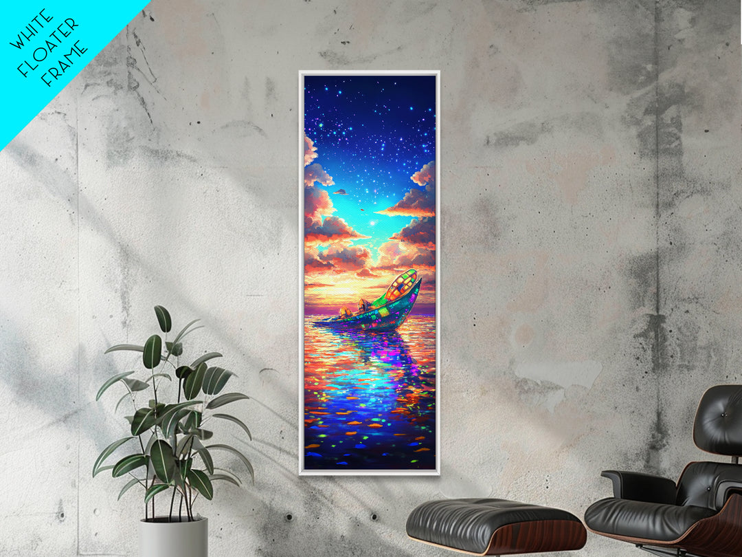 Glowing Rowboat Under Stars Canvas Print, Colorful Ocean Wall Art, Dreamy Seascape Decor, Coastal Gift, Fantasy Landscape