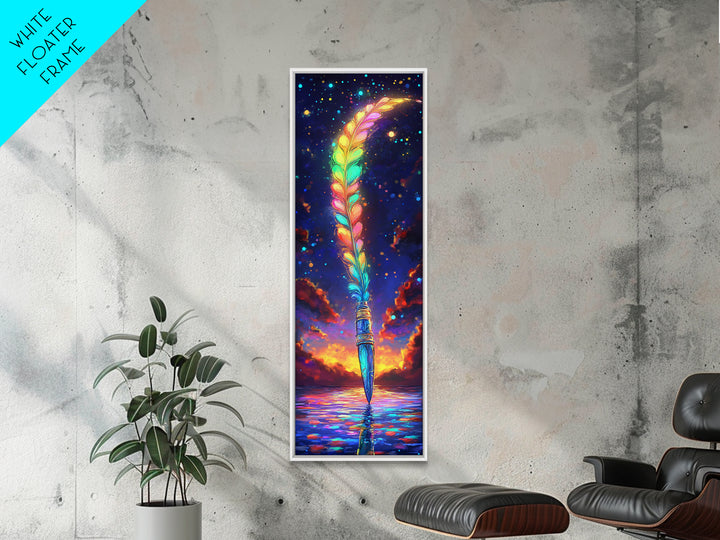 Rainbow Feather Quill Canvas Print, Celestial Wall Art, Whimsical Ocean Decor, Fantasy Writing Gift, Colorful Office Art
