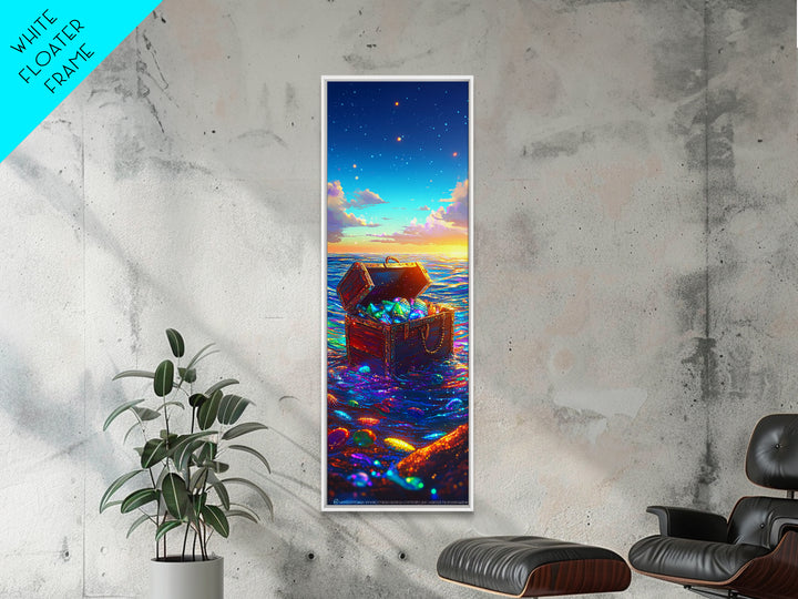 Glowing Treasure Chest At Ocean Sunset Canvas Print, Nautical Wall Art, Coastal Beach House Decor, Fantasy Sea Lover Gift