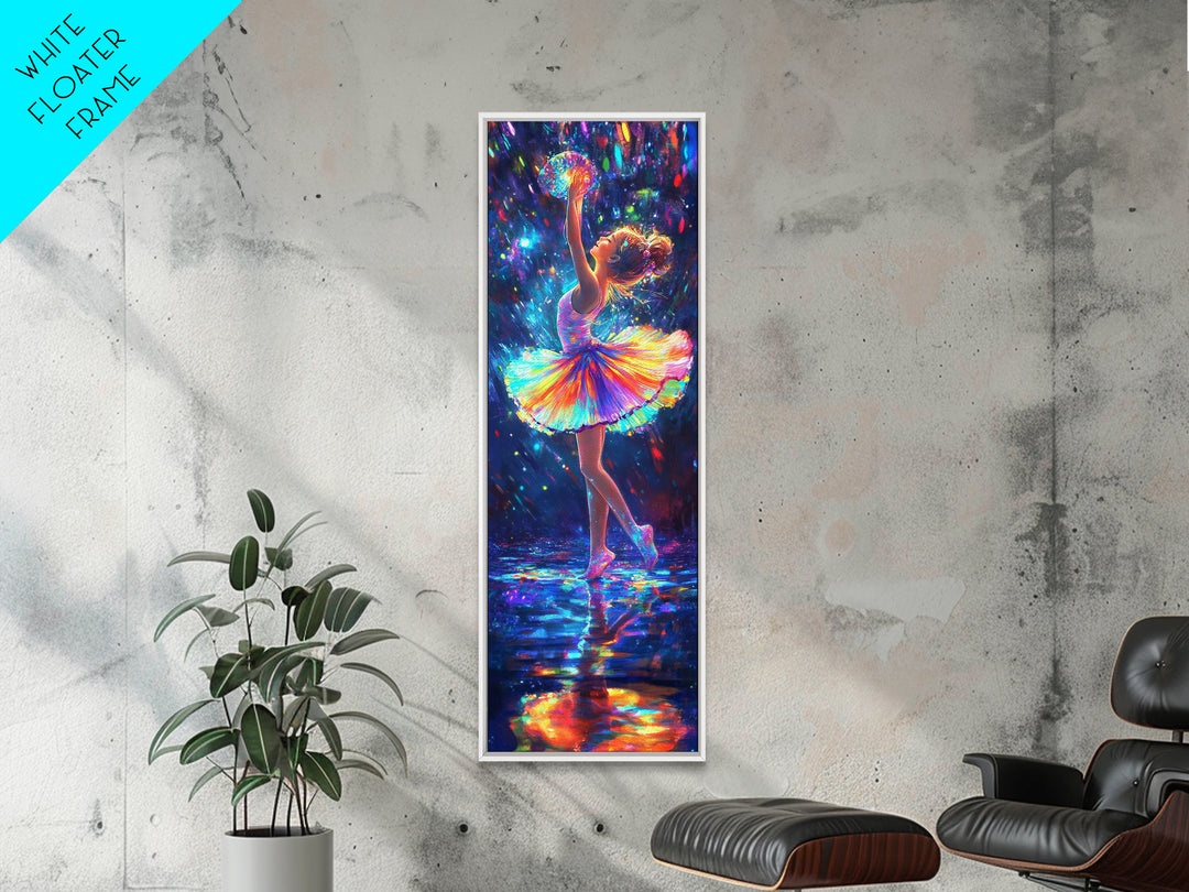 Rainbow Ballerina Dancing Under Lights Framed Canvas Print, Dance Studio Wall Art, Whimsical Girl Room Decor, Gift For Her