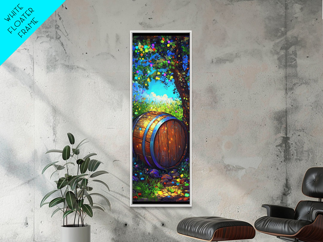 Sunlit Wine Barrel In Lush Garden Canvas Print, Rustic Wall Art, Winery Home Decor, Vineyard Landscape Housewarming Gift