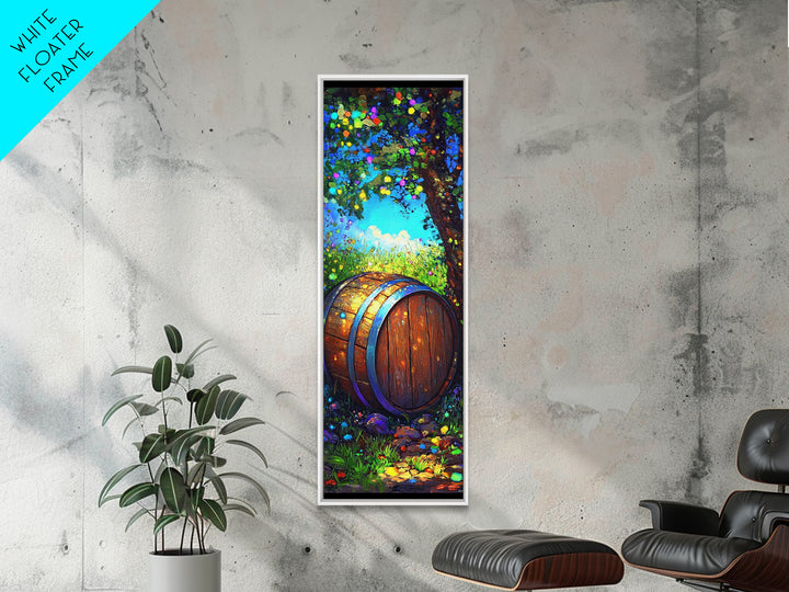 Sunlit Wine Barrel In Lush Garden Canvas Print, Rustic Wall Art, Winery Home Decor, Vineyard Landscape Housewarming Gift
