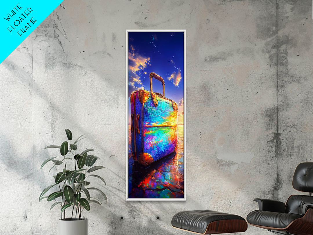 Rainbow Suitcase Reflecting Ocean Sunset Framed Canvas Print, Vibrant Travel Poster, Coastal Wall Decor For Wanderlust Gift
