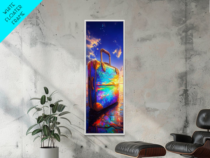 Rainbow Suitcase Reflecting Ocean Sunset Framed Canvas Print, Vibrant Travel Poster, Coastal Wall Decor For Wanderlust Gift