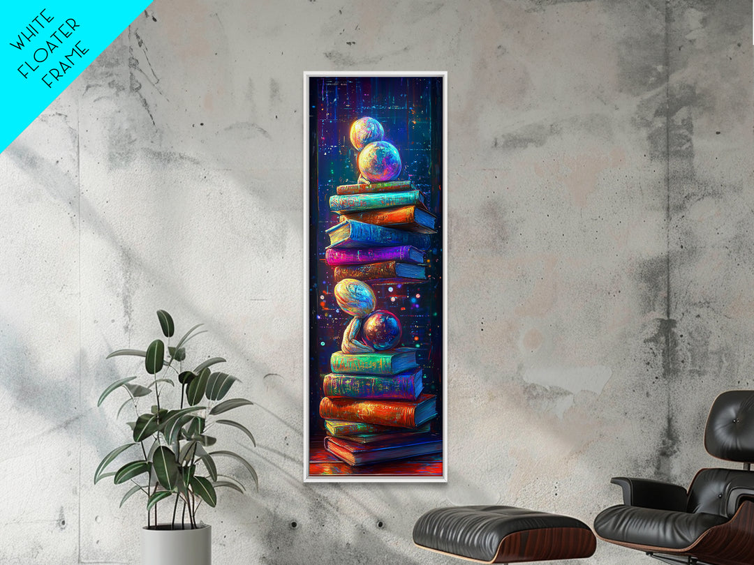 Floating Planets Over Stacked Books Wall Art, Celestial Library Decor, Book Lover Gift, Colorful Fantasy Reading Nook Print
