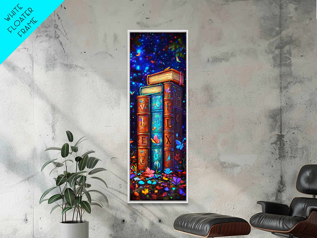 Magical Alphabet Books With Butterflies Canvas Print, Celestial Library Wall Decor, Colorful Book Lover Gift, Fantasy Art