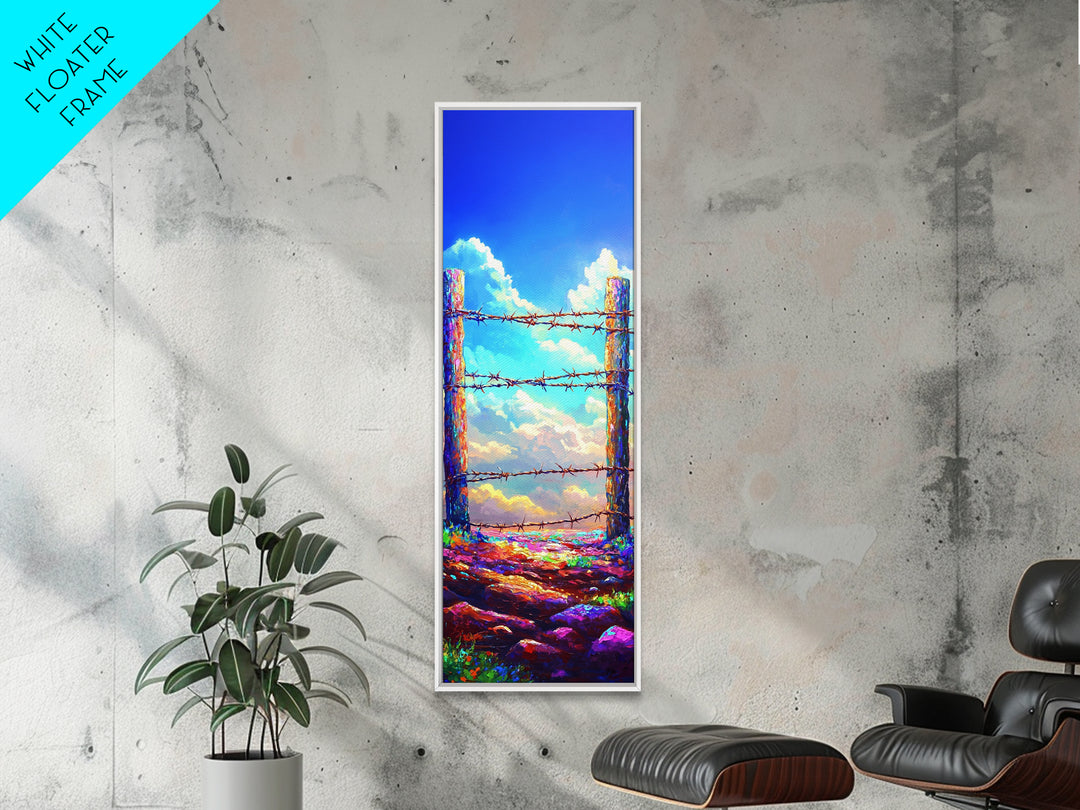Sunlit Barbed Wire Fence Under Blue Sky Wall Art, Rustic Western Canvas Print, Farmhouse Landscape Decor Housewarming Gift